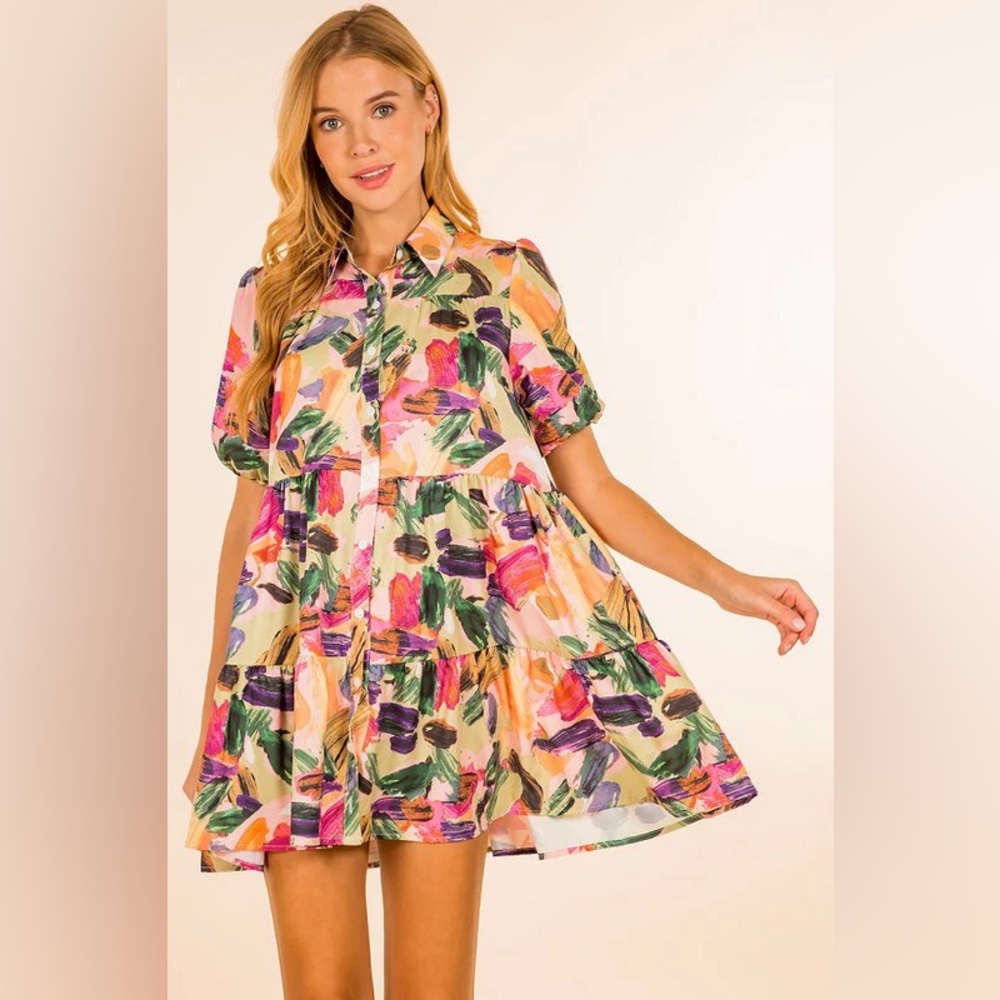 Floral Brushstroke Tiered Shirt Dress - Pink & Green